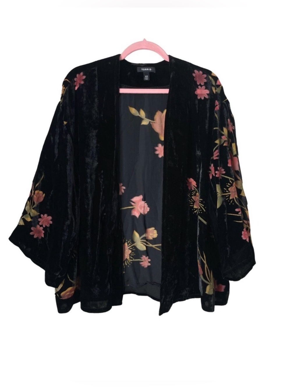 Torrid Kimono Duster Cardigan 1/2 1X 2X Black Velvet Floral Burnout Open Front